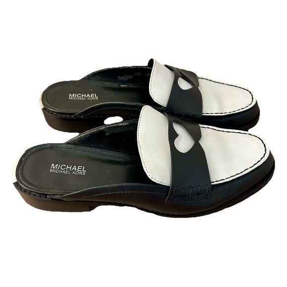 Michael Kors Annette Leather Mules TwoTone Black & White Heart EUC 7M Boho Fairy - Picture 4 of 8